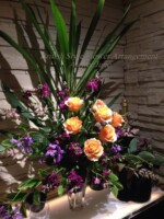 バラのカルピデューム、スプレーストック、リューココリーネ、活け込み、店舗花装花、装花、